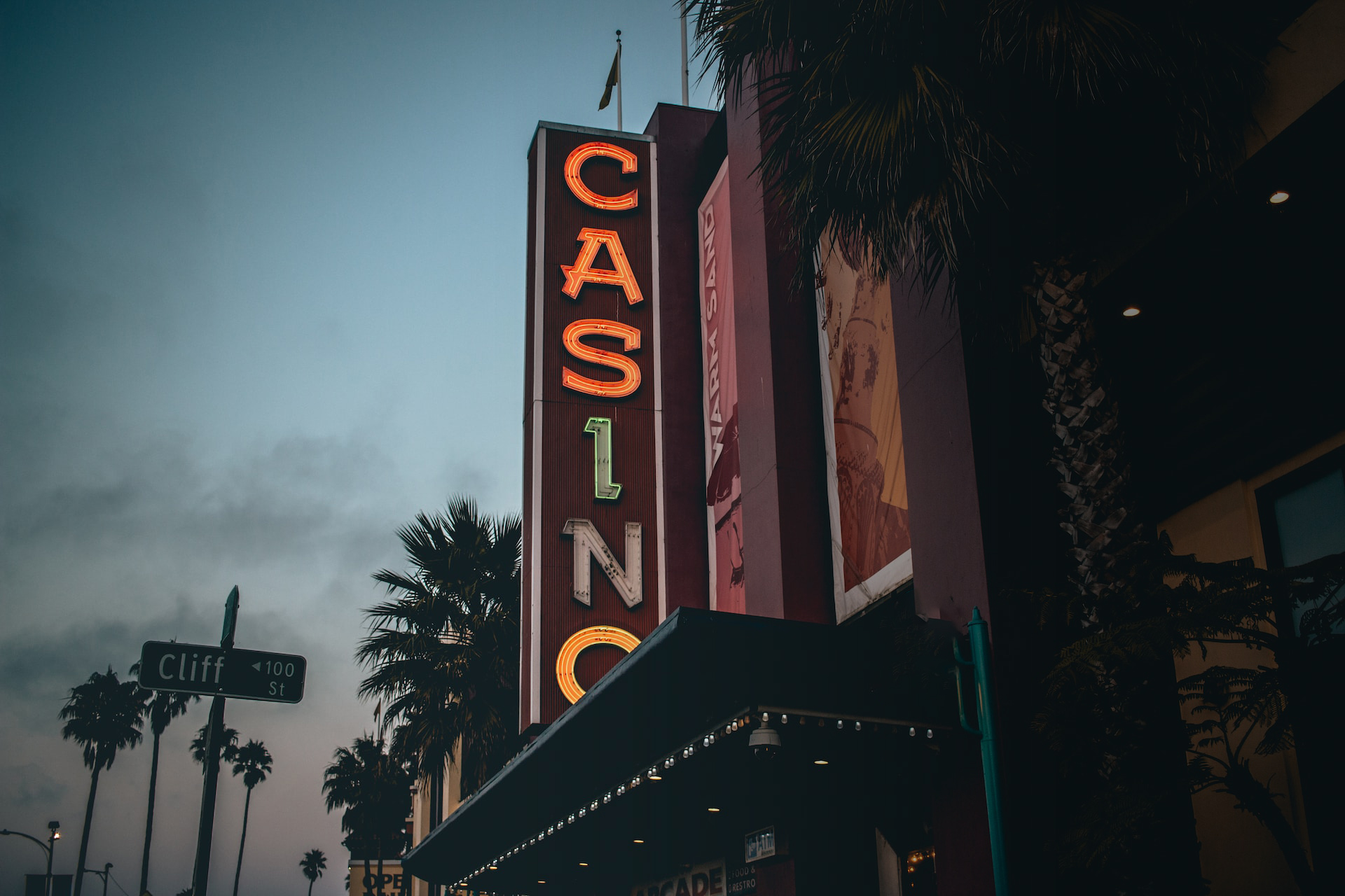 Image of the outside of a casino at twilight
