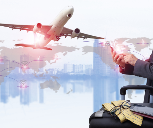 Mixture of travel imagery including an aircraft and a businessman on his phone